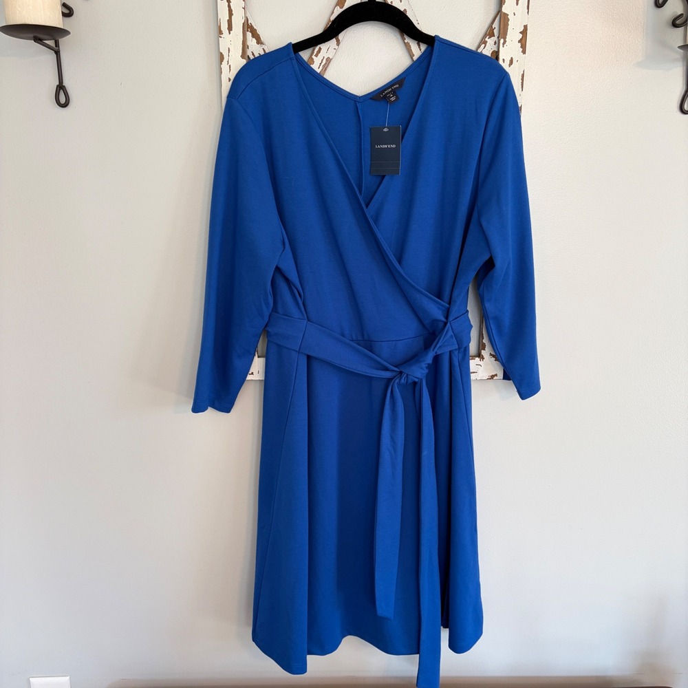 Lands' End 3/4 sleeve V-neck wrap dress blue size XL Petite NWT‎